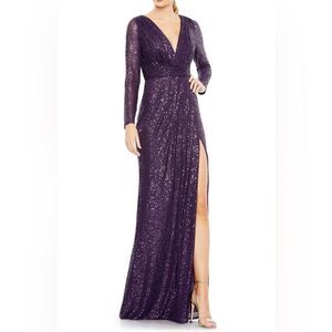 💜 Mac Duggal 💜 IEENA Sequin Long Sleeve Faux Wrap Gown Coctail dress purple 14